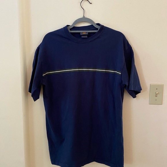 VINTAGE GET YOUR KISSES KICKS ROUTE 66 MENS NAVY BLUE T-SHIRT WITH STRIPE COTTON - Picture 2 of 6